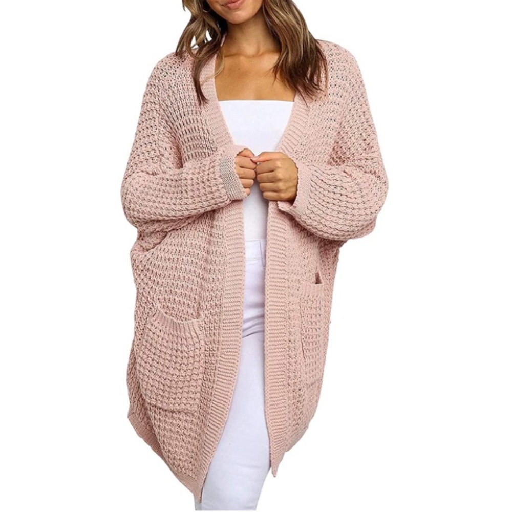 Oversized Long Batwing Sleeve Cardigan Waffle Knit Sweater Blush Pink - Picture 2 of 6